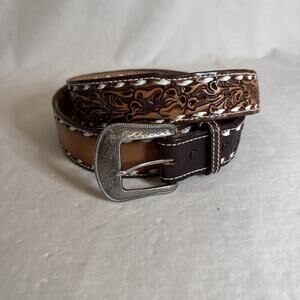 Nocona Mens Size 42 Brown Leather Tooled Western Belt Silver Tone Buckle Blank